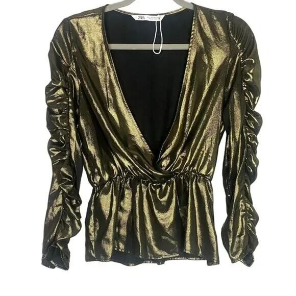 ZARA Metallic V Neck Ruched Long Sleeve Top Elastic Waist Lightweight S Gold - Picture 12 of 15